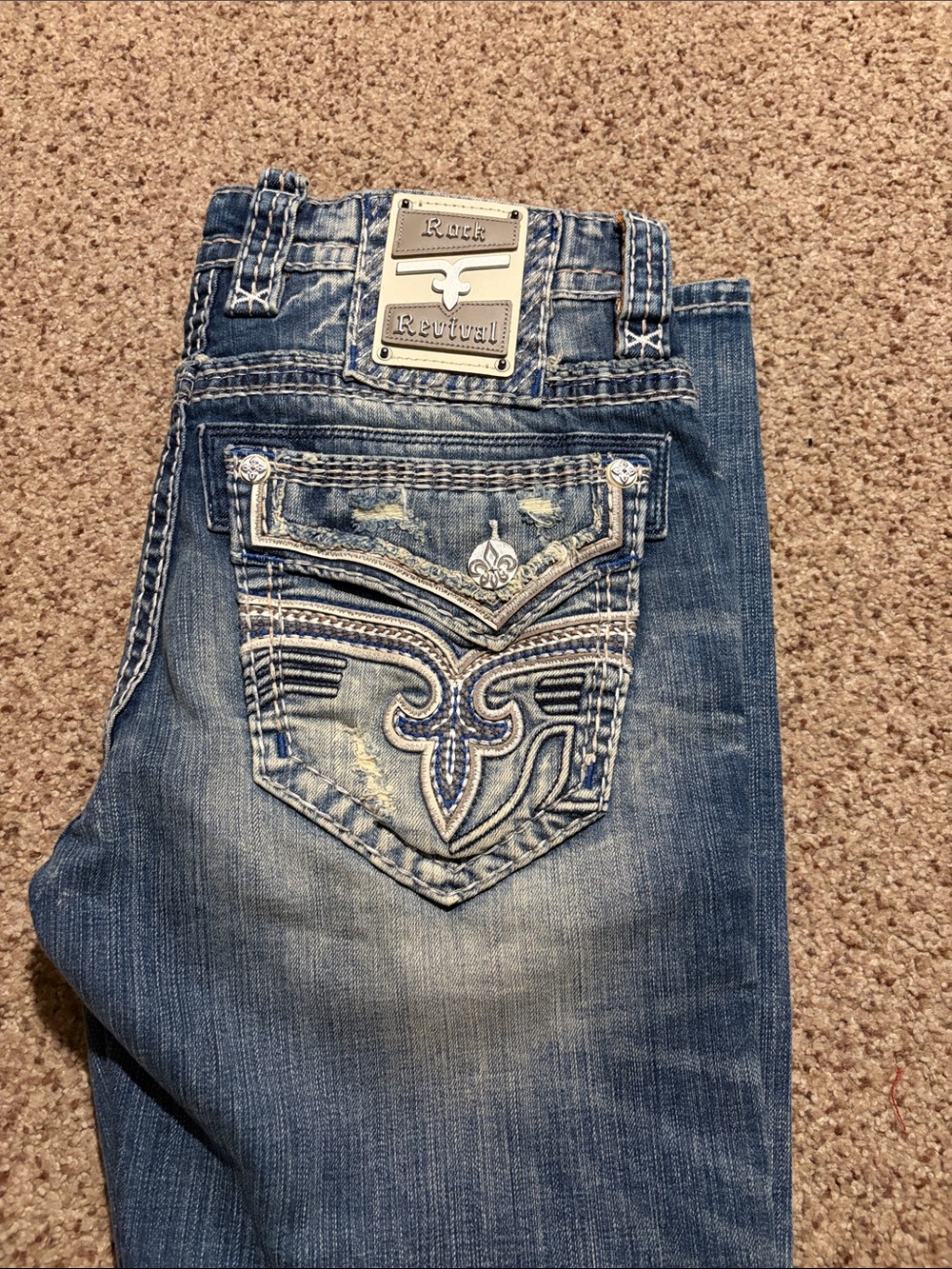 Rock Revival Blue Embroidered Pocket Jeans with Metal Plaque
